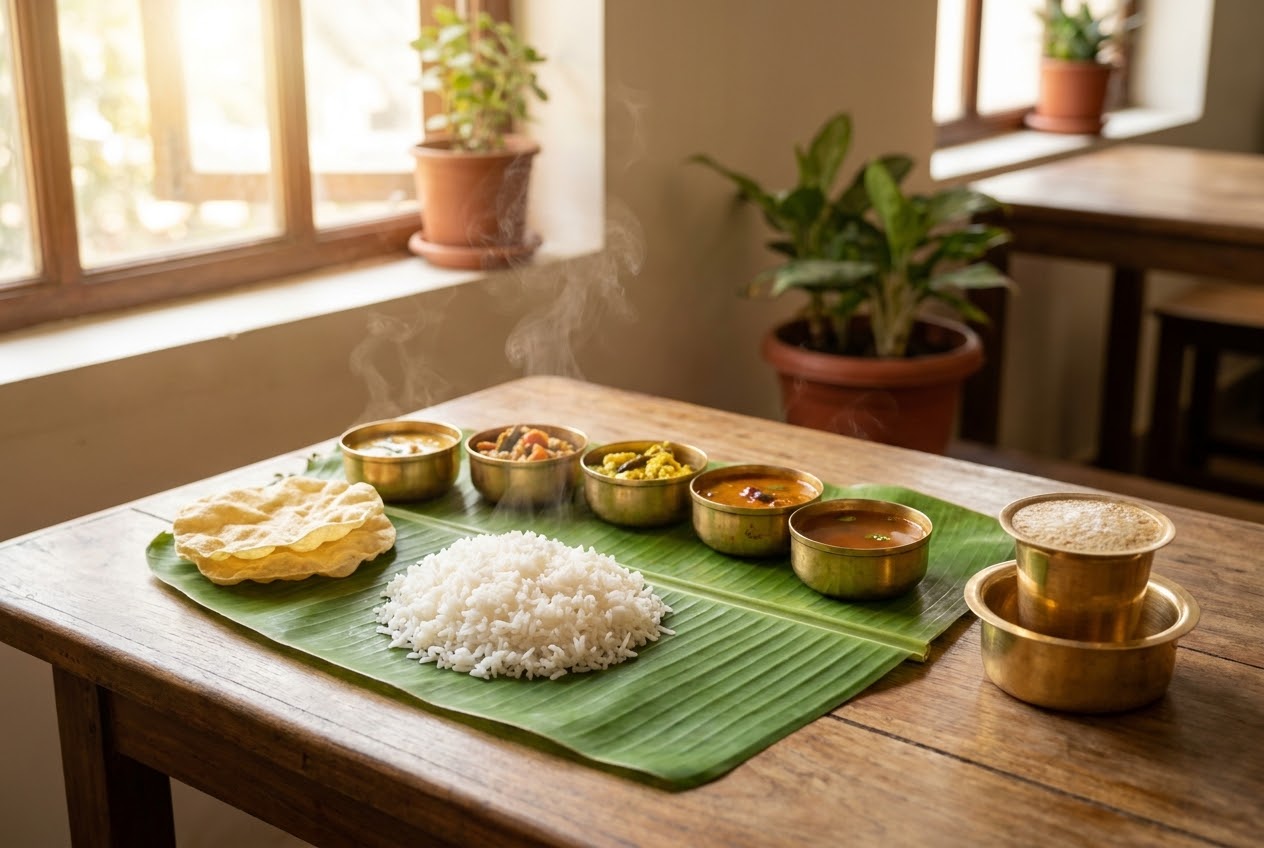 Traditional South Indian vegetarian meal served on a banana leaf with filter coffee